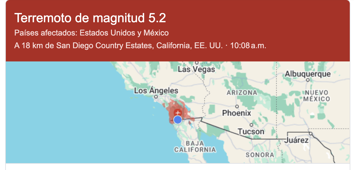 Sismo de magnitud 5.2 con epicentro en San Diego se percibe en Ensenada